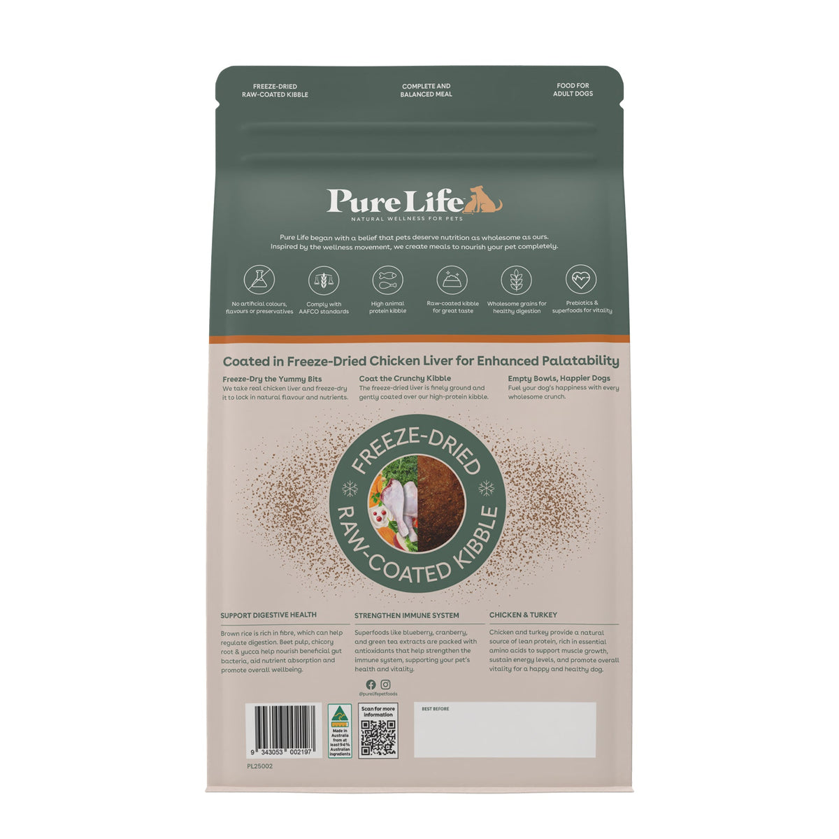 Pure Life Adult Chicken & Turkey raw-coated kibble bag back