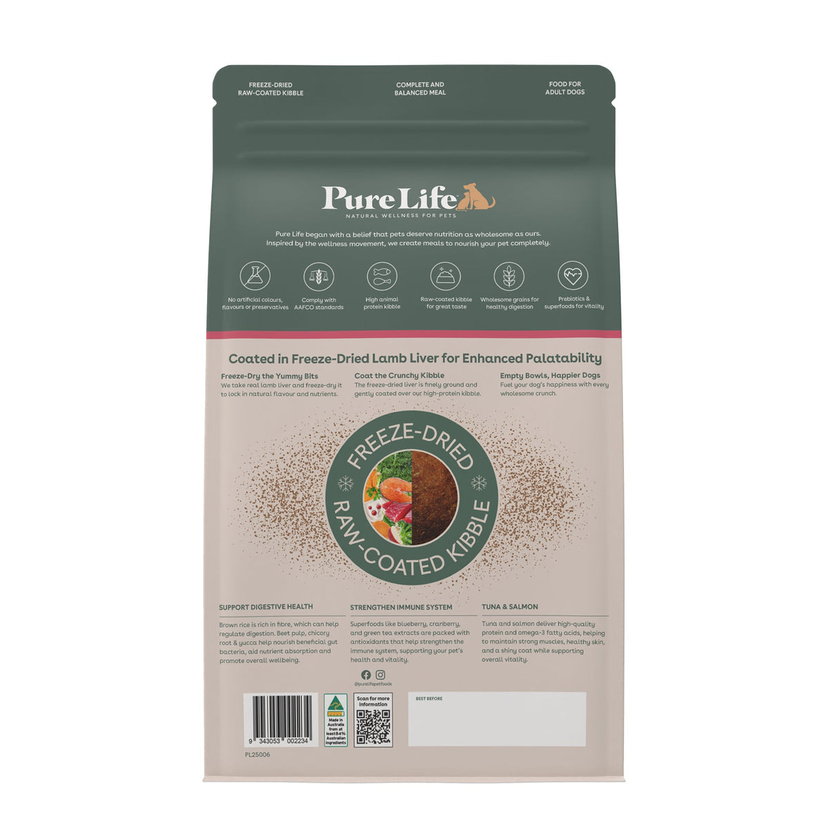 Pure Life Adult Tuna & Salmon raw-coated kibble bag back