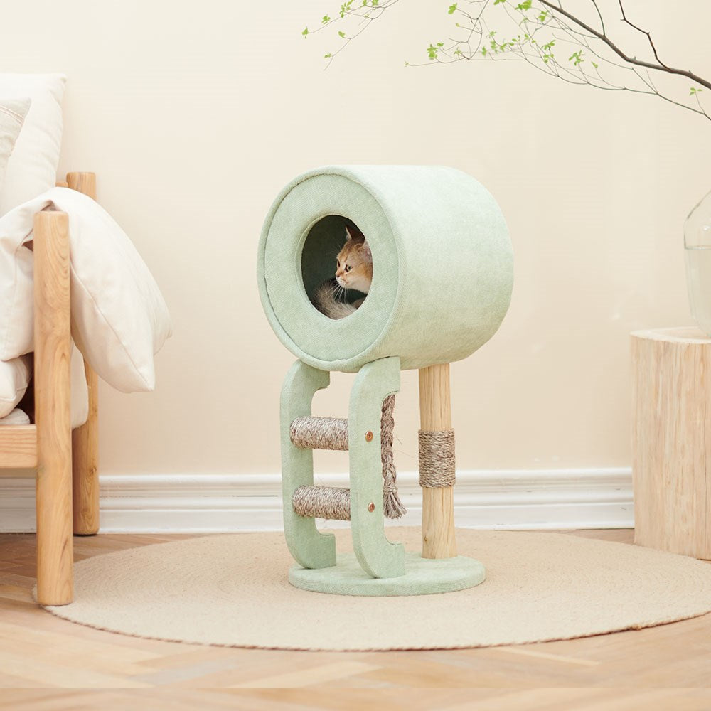 Petsbelle Avia Solid Wood Cat Tree 35x35x72cm – sage green capsule condo on timber legs