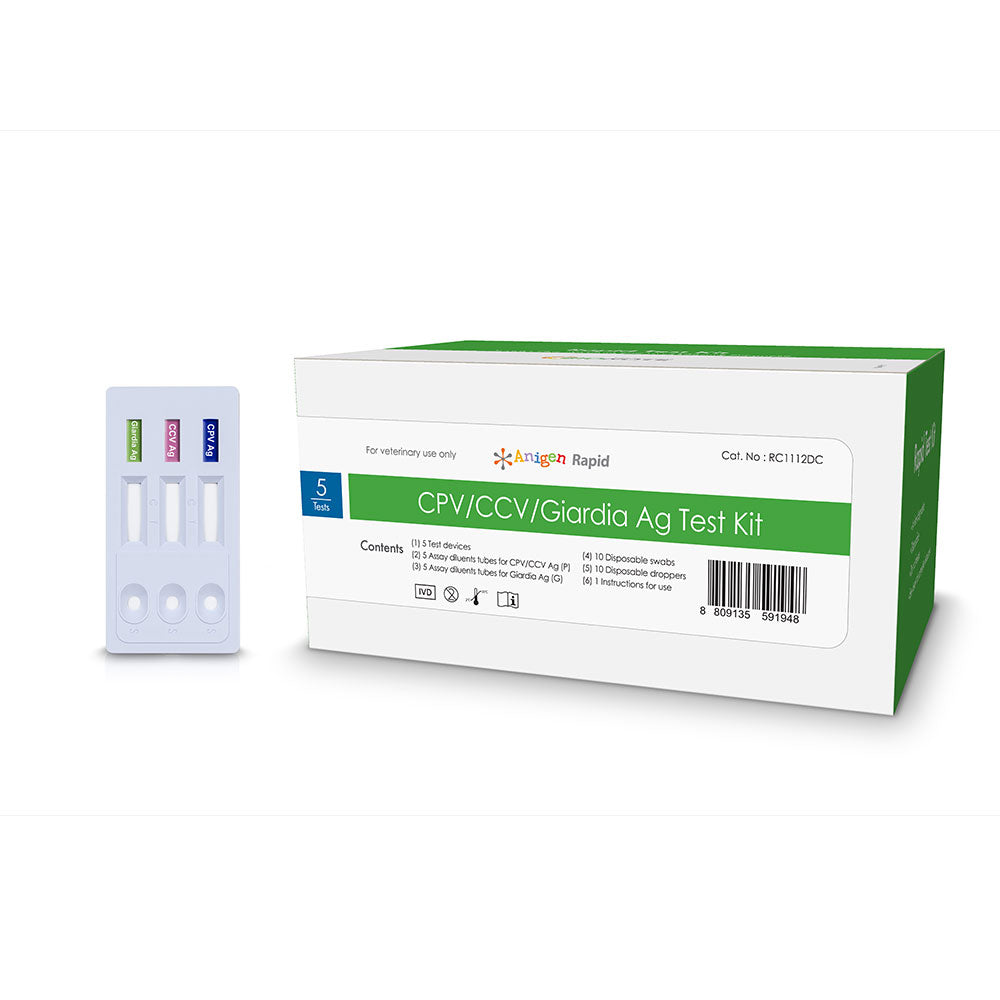 Anigen Rapid CPV/CCV/Giardia Ag triple test kit box, 5 tests