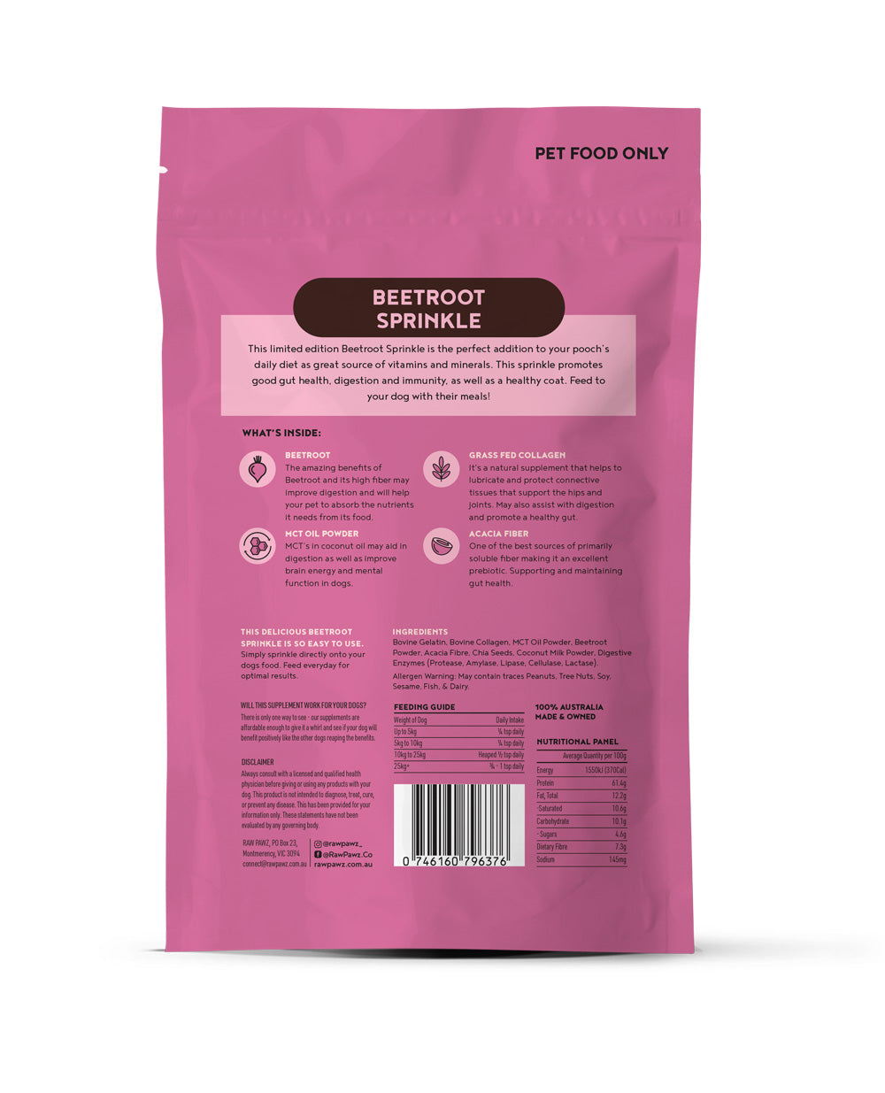 Raw Pawz Beetroot Dog Meal Topper back of pack showing ingredients