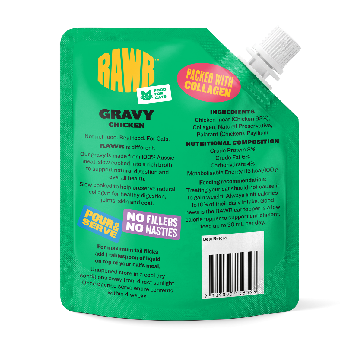 RAWR Gravy Chicken pouch back with ingredients and feeding guide
