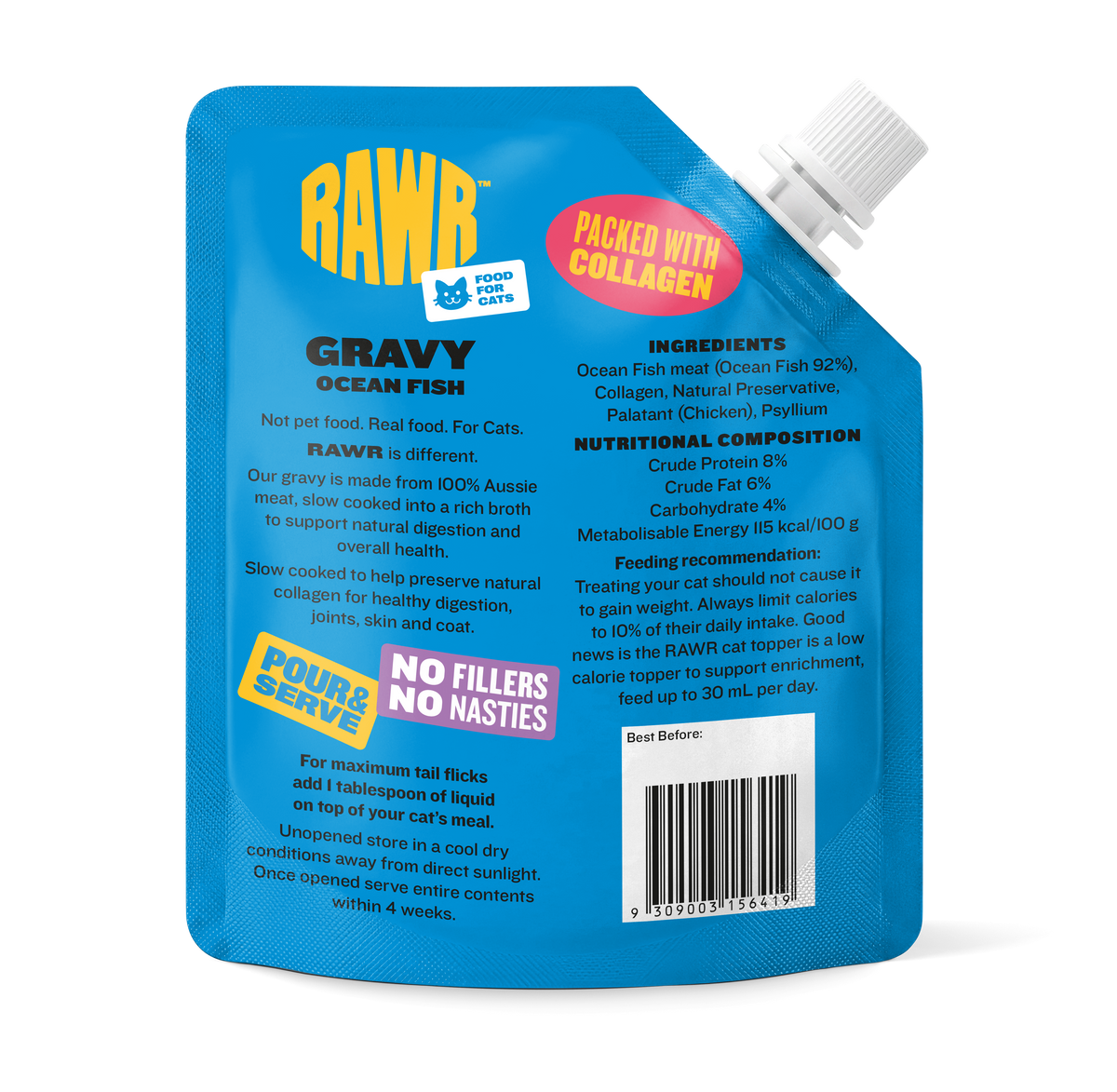 RAWR Gravy Ocean Fish pouch back with ingredients and feeding guide