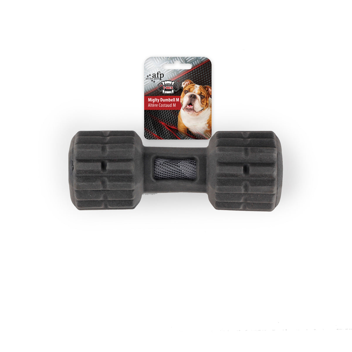 All for Paws AFP Mighty Dumbell grey rubber dog chew with its printed header card