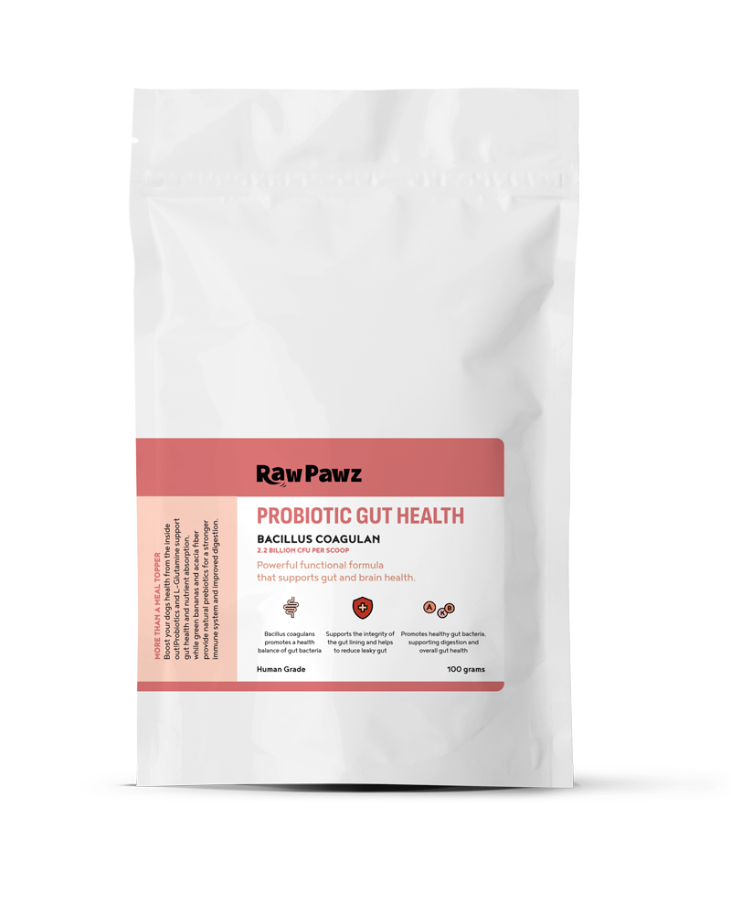 Raw Pawz Probiotic Gut Health Functional Dog Meal Topper 100g pack, front of pack