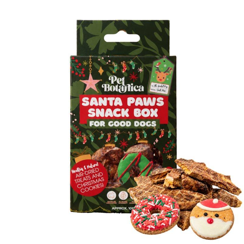Santa Paws Snack Box open with dehydrated treats and Christmas cookies