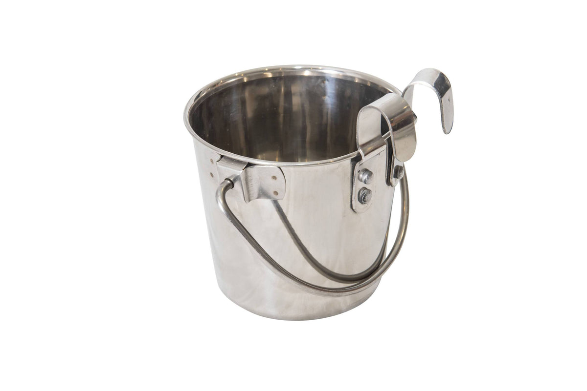 Superior Pet Goods flat sided stainless steel bucket with riveted hooks
