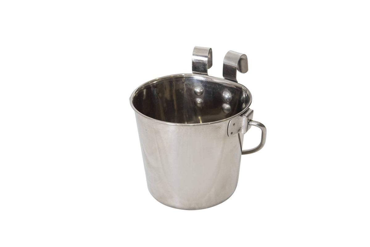 Flat back and riveted hook detail on the Superior Pet Goods stainless steel bucket