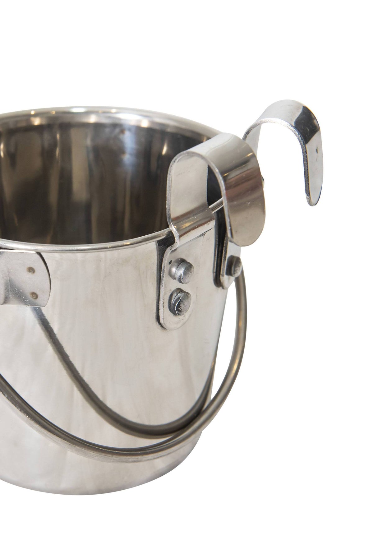Superior Pet Goods flat sided stainless steel bucket, side view showing the riveted hooks