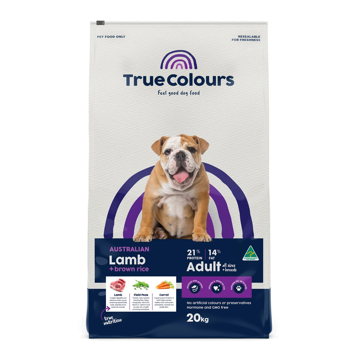 True Colours Adult Lamb & Brown Rice dry dog food, 20kg bag – front of pack