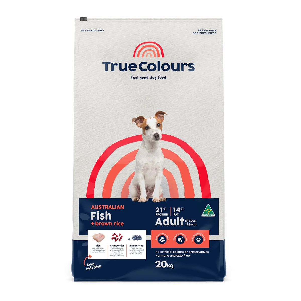 True Colours Adult Fish & Brown Rice dry dog food, 20kg bag – front of pack