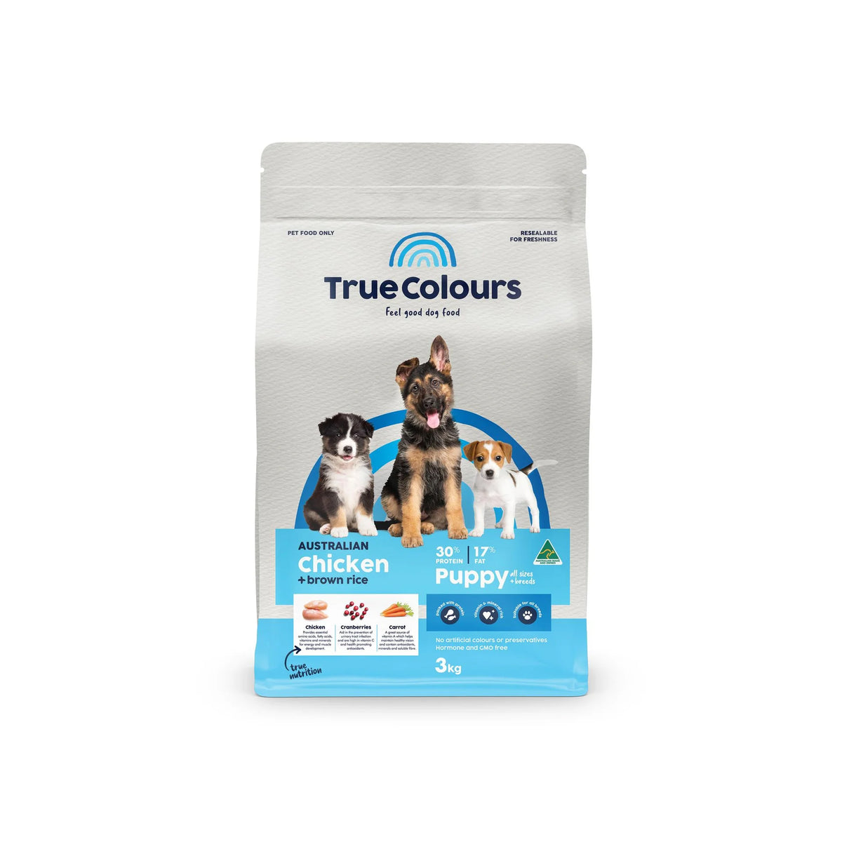 True Colours Puppy Chicken & Brown Rice dry dog food, 3kg bag – front of pack