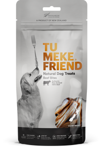 Front of the 50g TU MEKE FRIEND Beef Bites natural dog treat pouch, a New Zealand 100% beef treat
