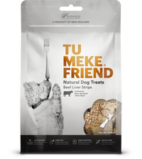 Front of the 100g TU MEKE FRIEND Beef Liver Strips natural dog treat pouch, New Zealand 100% beef