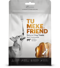 Front of the 100g TU MEKE FRIEND Beef Paddywack natural dog treat pouch, New Zealand 100% beef
