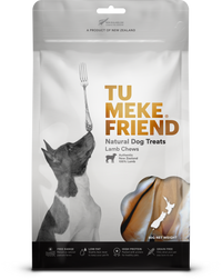Front of the 80g TU MEKE FRIEND Lamb Chews natural dog treat pouch, New Zealand 100% lamb