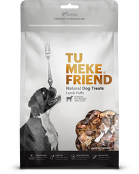 Front of the 80g TU MEKE FRIEND Lamb Puffs natural dog treat pouch, New Zealand 100% lamb