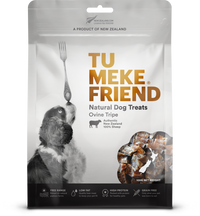 Front of the 100g TU MEKE FRIEND Ovine Tripe natural dog treat pouch, New Zealand 100% sheep