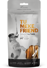 Front of the 50g TU MEKE FRIEND Steer Sticks natural dog treat pouch, New Zealand 100% beef