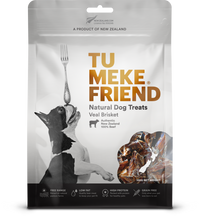 Front of the 100g TU MEKE FRIEND Veal Brisket natural dog treat pouch, New Zealand 100% beef