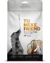 Front of the 60g TU MEKE FRIEND Venison Chews natural dog treat pouch, New Zealand venison