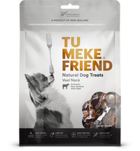 Front of the 125g TU MEKE FRIEND Veal Neck natural dog treat pouch, New Zealand 100% beef