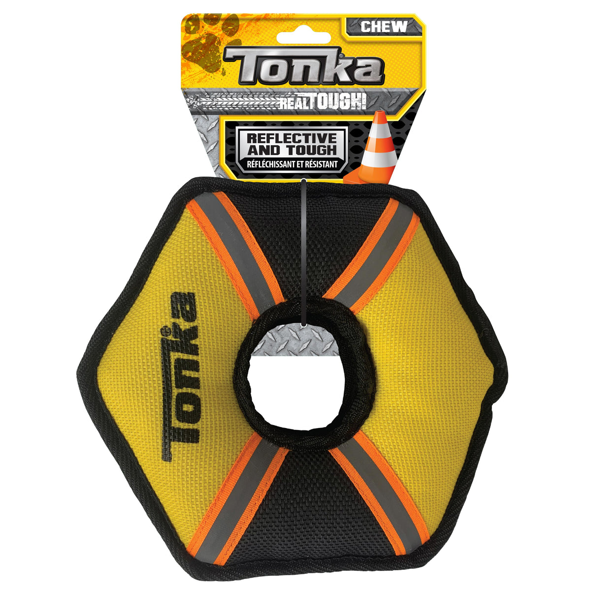 Yellow and black Tonka hexagonal ring tug toy with orange stitching, on its retail card