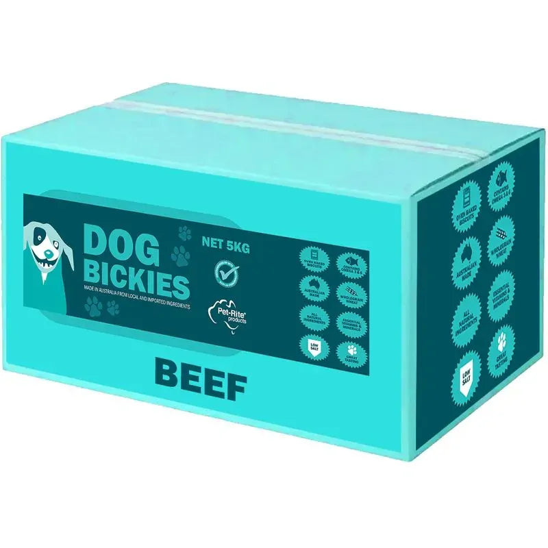 Pet-Rite Beef Bickies dog biscuits 5kg bulk box front of pack