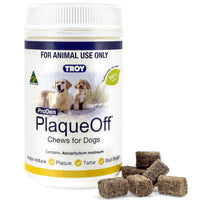 TROY ProDen PlaqueOff Chews for Dogs, white tub with two dogs pictured, beside a pile of the brown chews.