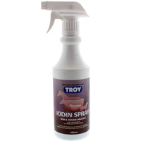 TROY Iodin Spray 500 mL, skin and wound dressing bottle with horse, cattle and sheep silhouettes on the label.