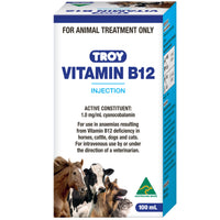 TROY Vitamin B12 Injection carton, 100 mL, picturing horses, cattle, dogs and cats.