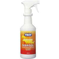 TROY Debrisol enzyme wound pump spray 500 mL, bottle with horse, cattle and sheep silhouettes on the label.