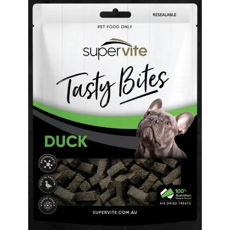 SuperVite Tasty Bites duck dog treats 150g pack front