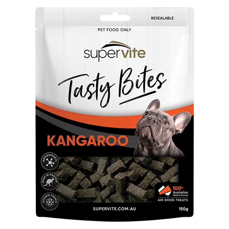 SuperVite Tasty Bites kangaroo dog treats 150g pack front