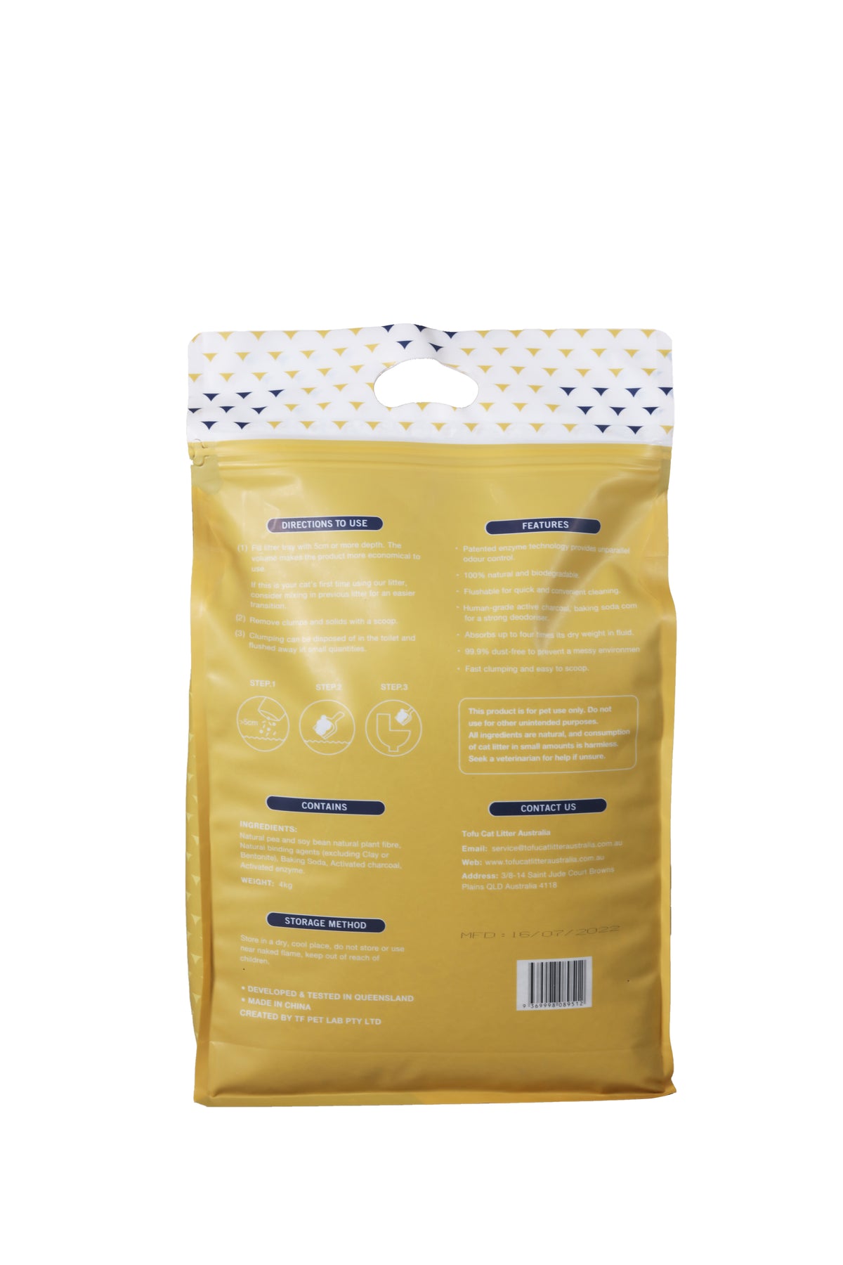 Back of the Tofu Cat Litter Australia Original 4kg bag with directions for use, ingredients and barcode