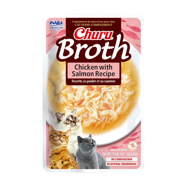 Inaba Churu Broth Chicken with Salmon Recipe, front of the current 40g pouch