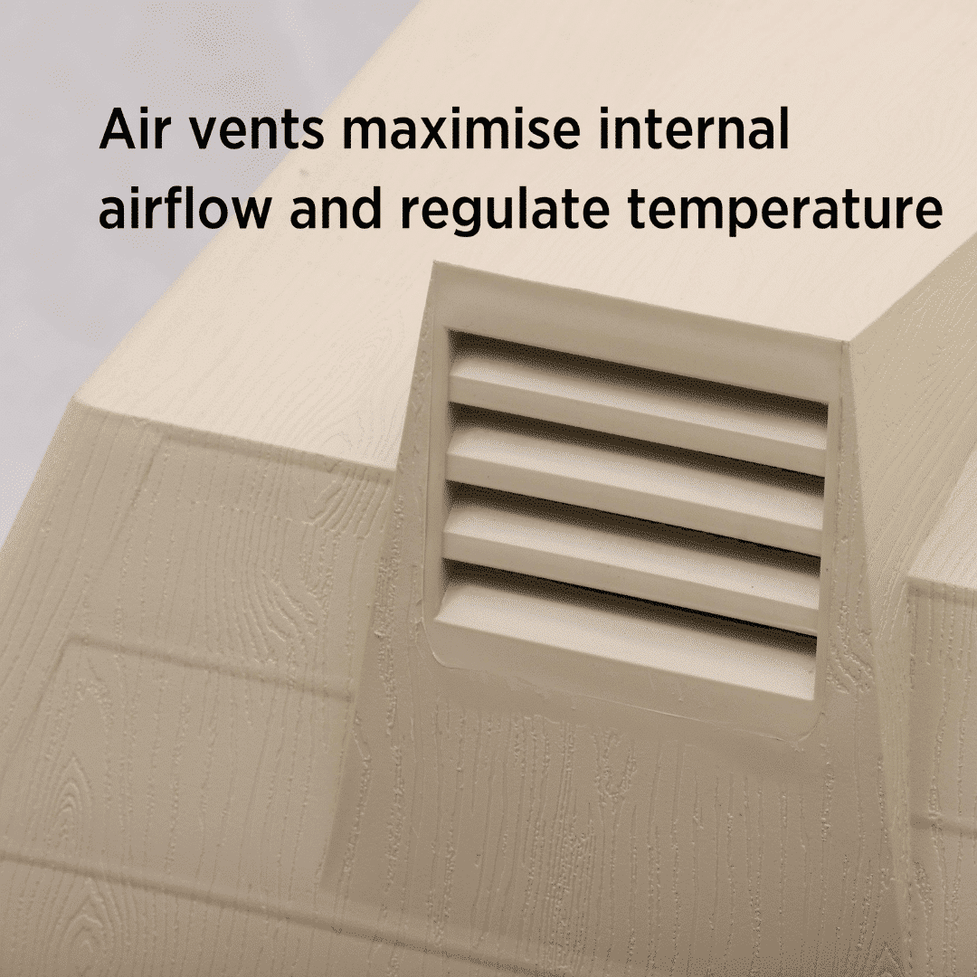 Superior Pet Goods kennel air vent close-up captioned on airflow and temperature regulation