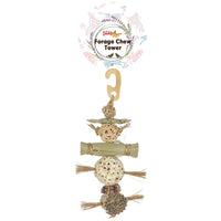 Beak Joy Forage Chew Tower, a hanging stack of woven vine balls, loofah and straw on a wooden hook