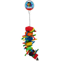 Cheeky Bird Block & Rope with Bell, coloured wooden blocks and rope on a chain with a bell
