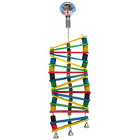 Cheeky Bird Angle Block Ladder, criss-crossed coloured timber slats with beads and bells