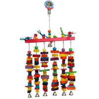 Cheeky Bird 6 Stack with Bells hanging bird toy, six strands of coloured wooden blocks and beads