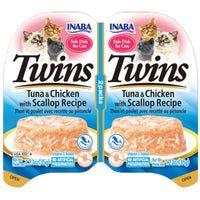 Inaba Twins Tuna & Chicken with Scallop Recipe cat treats, front of the joined twin cups