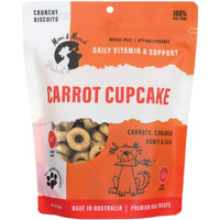 Mimi & Munch Carrot Cupcake dog treats with carrots, cinnamon, honey and chia, front of the pouch