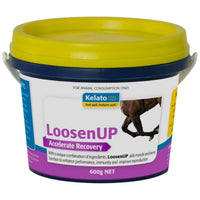 Kelato LoosenUP recovery supplement for horses in a 600g navy tub with a yellow lid