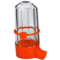 Cheeky Bird Tube Drinker, a fluted clear plastic waterer with an orange base and trough
