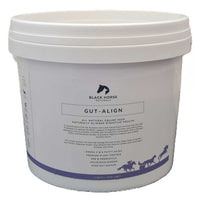 Black Horse Naturals Gut-Align tub, white bucket with a horse-head logo and purple accent band