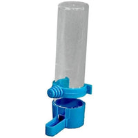 Cheeky Bird Senior Tube Feeder and Drinker, a clear plastic tube with a blue cage cup base