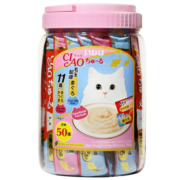 Ciao Churu Tuna With Clooagen and Fiber Variety Flavor - 14g x 50 | PeekAPaw Pet Supplies