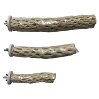 All three sizes of the Nature Island Manu mineral bird perch, grey textured mineral on metal bolts