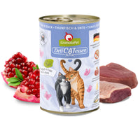 GranataPet DeliCatessen Tuna & Duck tin in lilac livery, with a raw tuna steak and duck breast